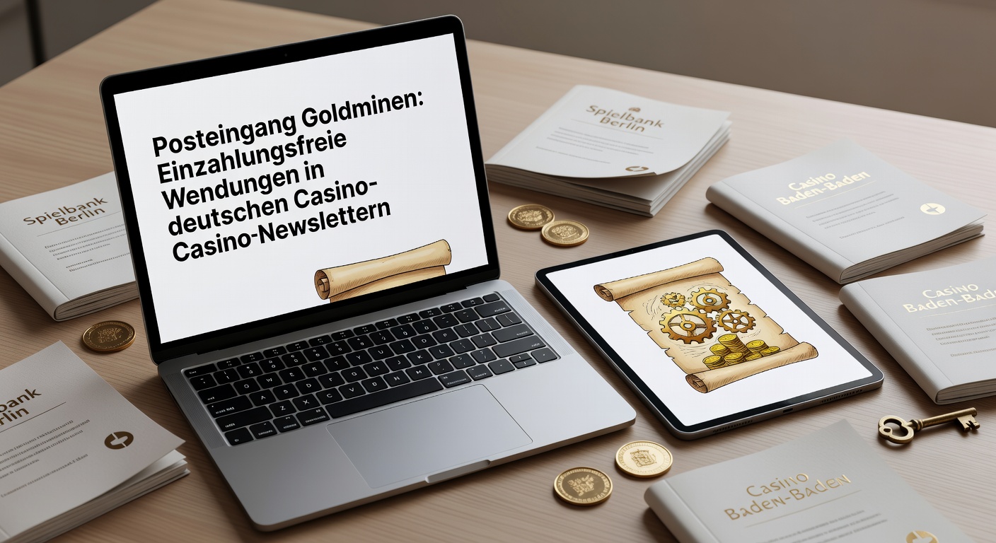 Detaillierte Ansicht einer Inbox mit mehreren Casino-Newsletter-Mails, die No-Deposit-Angebote hervorheben, umgeben von Slot-Symbolen