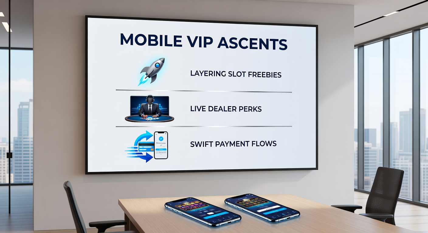 Grafik eines VIP-Treppenaufstiegs mit Slot-Freebies, Live-Tischen und Zahlungssymbolen auf einem Mobilbildschirm
